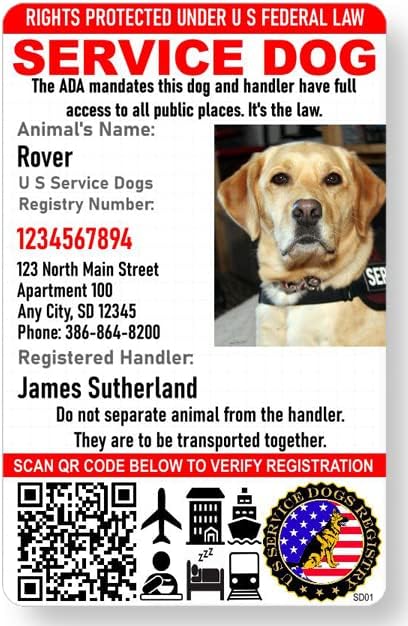 Just 4 Paws Custom Service Dog ID Card with QR Code and Optional Holograph | Registration to U S Service Dogs Registry Plus ID Holder & Digital ID - Portrait Style