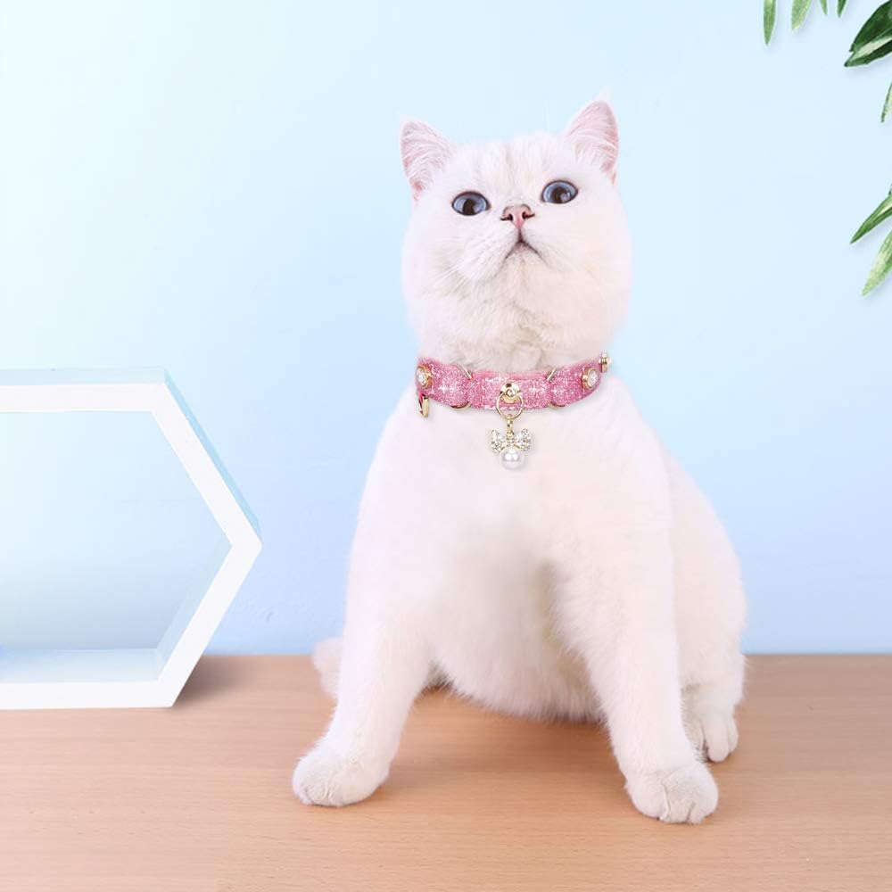 Cat Collar, Dog Collar, [Bling Rhinestones] PU Leather Adjustable Pet Collar with Luxury Pendant for Big Cat and Small to Medium Dog Small Pink