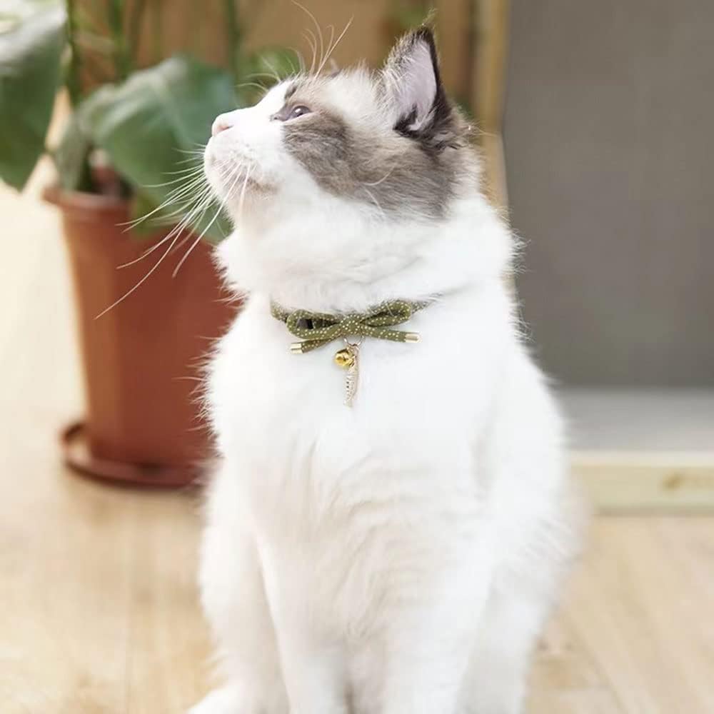 Cute Bowtie Cat Collar with Bell. Japanese Stylish Bowknot & Fish Charm. Safety Breakaway, Soft, Lightweight, for Girl Boy Male Female Cats Kitten,Green