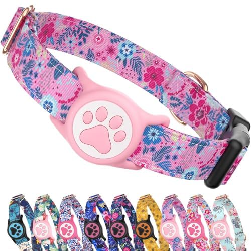 Premium Airtag Dog Collar，with IP68 Waterproof AirTag Holder,Pink,S