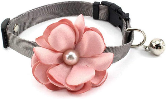 Geranium Flower Cat Dog Collar Bow Tie - Nylon Puppy Necklace with Pearl Bell - Chihuahua Yorkie Clothes Costume Outfits Accessory, Adjustable and Handmade (Pink, Size XS)