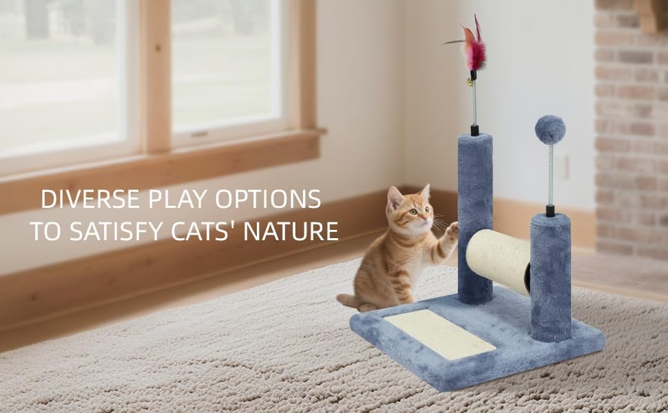 ROYPET Multifunctional Cat Scratching Posts for Indoor Kittens,Cat Scratching Pads for Play and Activity,Scratching Posts with Feather Toys and Spring Hanging Balls,Grey