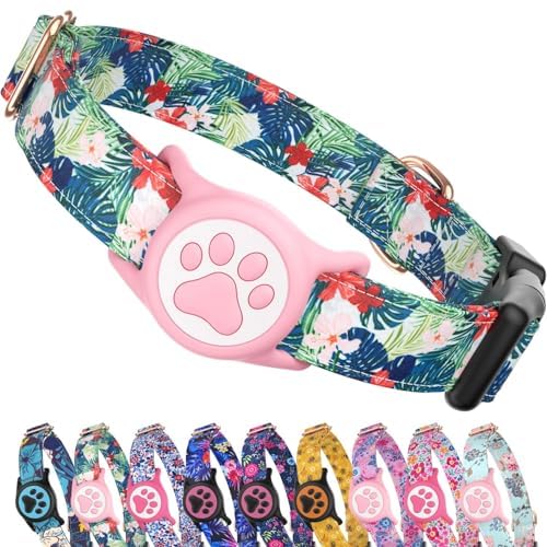 Premium Airtag Dog Collar，with IP68 Waterproof AirTag Holder,Pink,S
