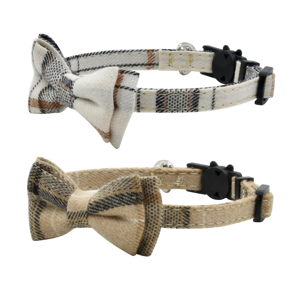 Cat Collar Breakaway with Bell and Bow Tie, Plaid Design Adjustable Safety Kitty Kitten Collars Set of 2 PCS (6.8-10.8in) (Green&Orange Plaid)