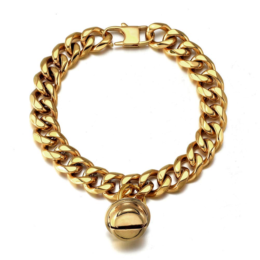 18K Gold Cat Dog Collar Kitten Puppy 1/2inch Wide Stainless Steel Kitten Choker Curb Chew Proof Cuban Link Chain with Gold Bell(Neck Fit 8"-10")