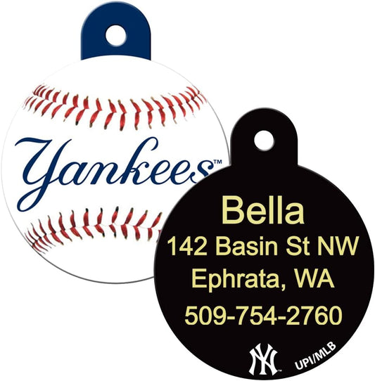 GoTags MLB New York Yankees Personalized Dog Tags, Round Baseball Shape Solid Brass Engraved Pet ID Tags