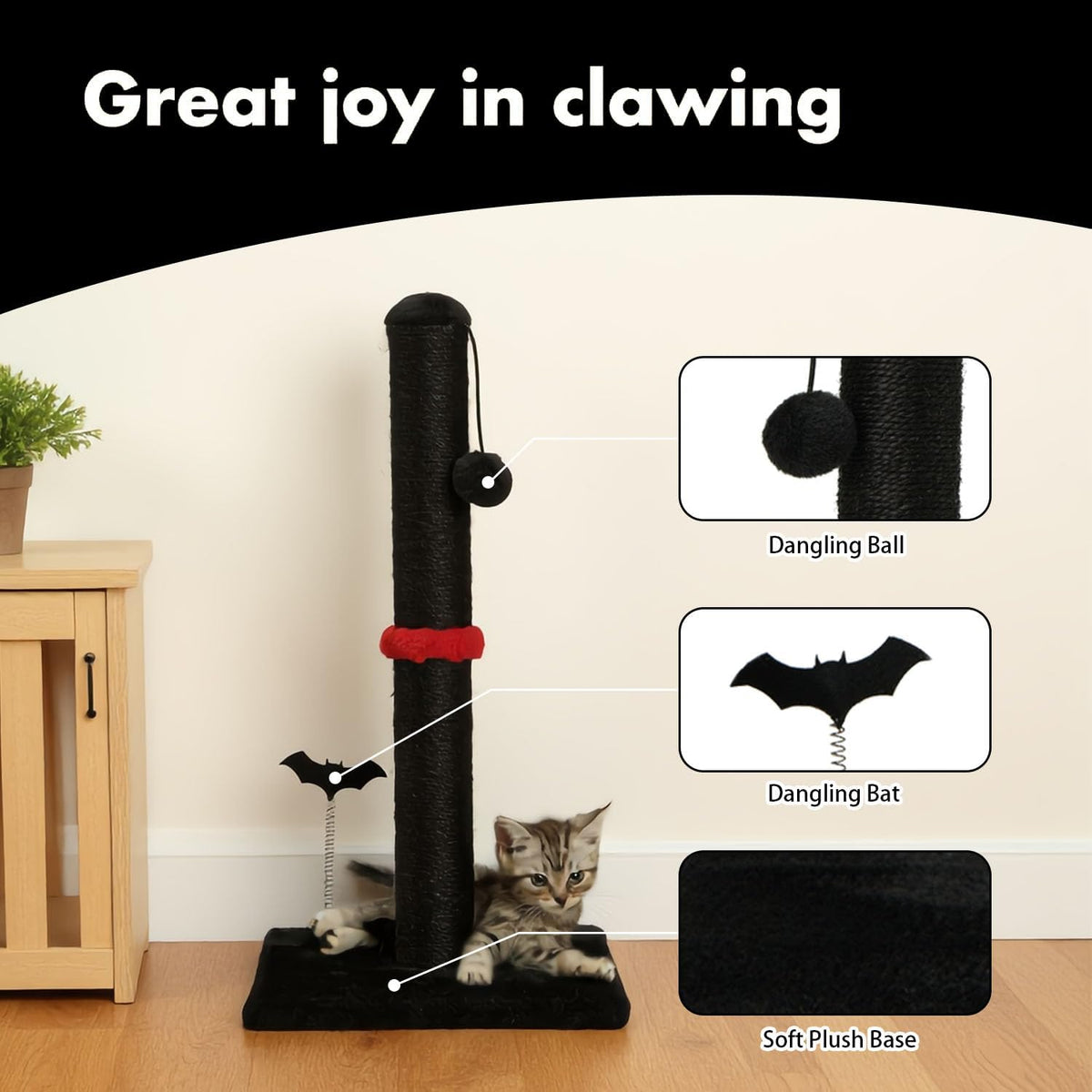 MECOOL Cat Scratching Post Premium Sisal Scratch Posts with Hanging Ball Vertical Scratcher for Indoor Cats and Kittens,Black