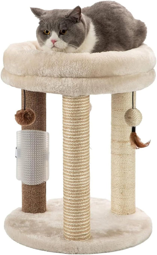 MECOOL 4in1 Small Cat Tree,Scratching Post with Tower Soft Bed, Sisal Carpet Jute Posts with Three Hanging Ball Toys and Massage Brush for Indoor Cats