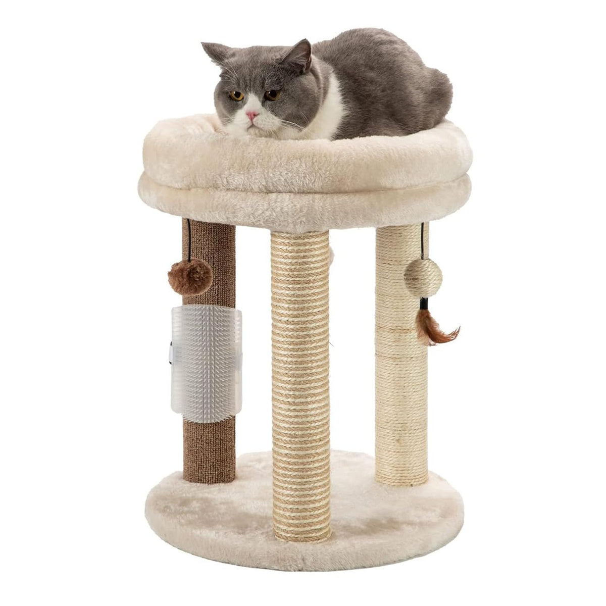 MECOOL 4in1 Small Cat Tree,Scratching Post with Tower Soft Bed, Sisal Carpet Jute Posts with Three Hanging Ball Toys and Massage Brush for Indoor Cats