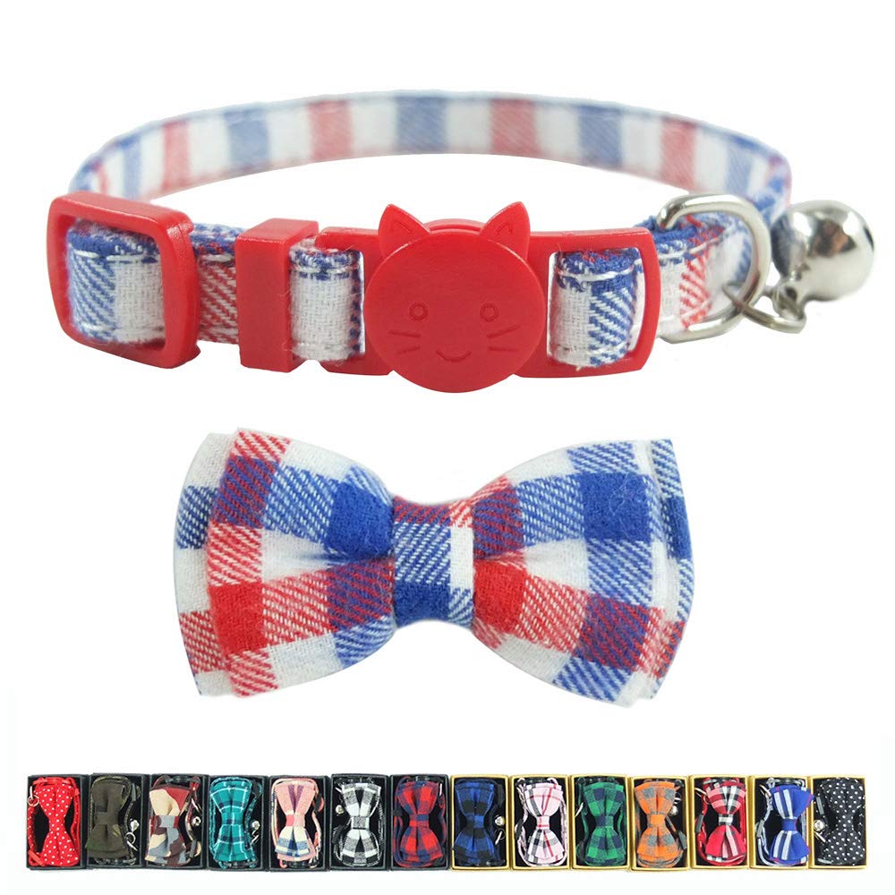Cat Collar Breakaway with Bell and Bow Tie, Plaid Design Adjustable Safety Kitty Kitten Collars Set of 2 PCS (6.8-10.8in) (Green&Orange Plaid)