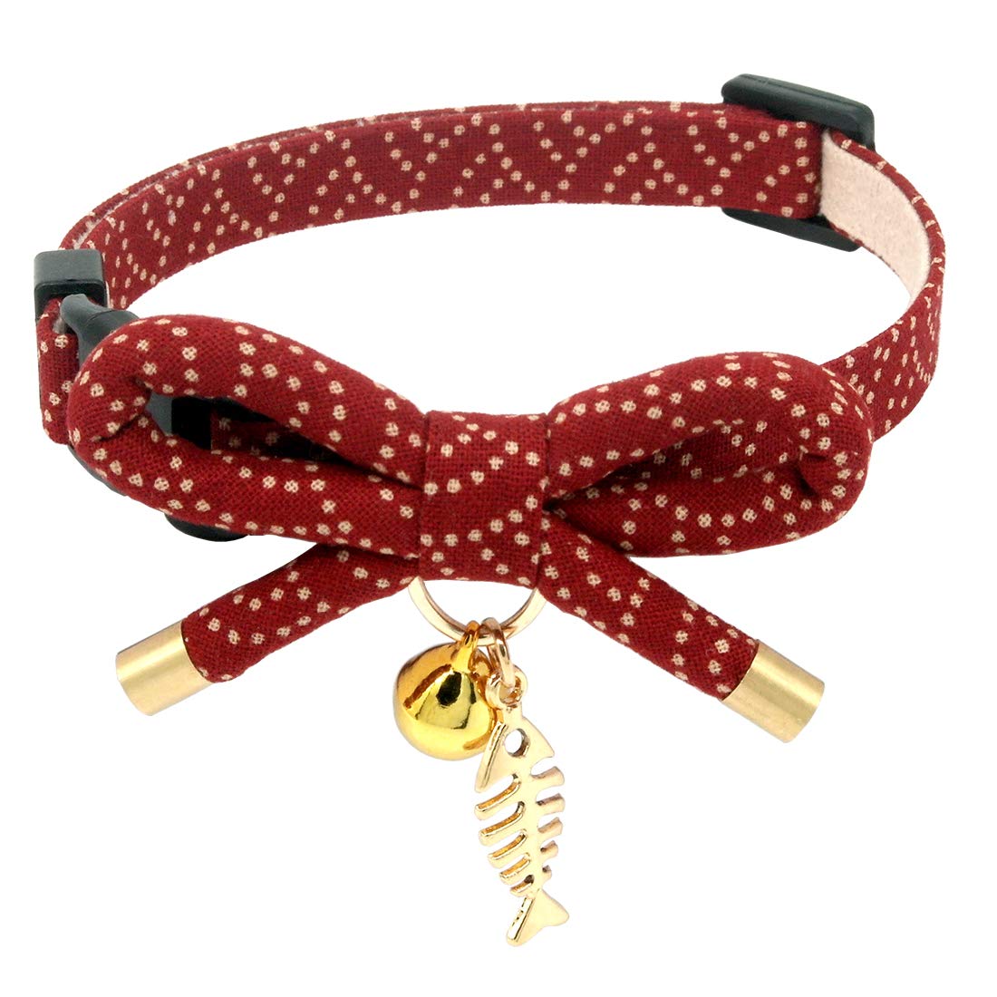 Cute Bowtie Cat Collar with Bell. Japanese Stylish Bowknot & Fish Charm. Safety Breakaway, Soft, Lightweight, for Girl Boy Male Female Cats Kitten,Green