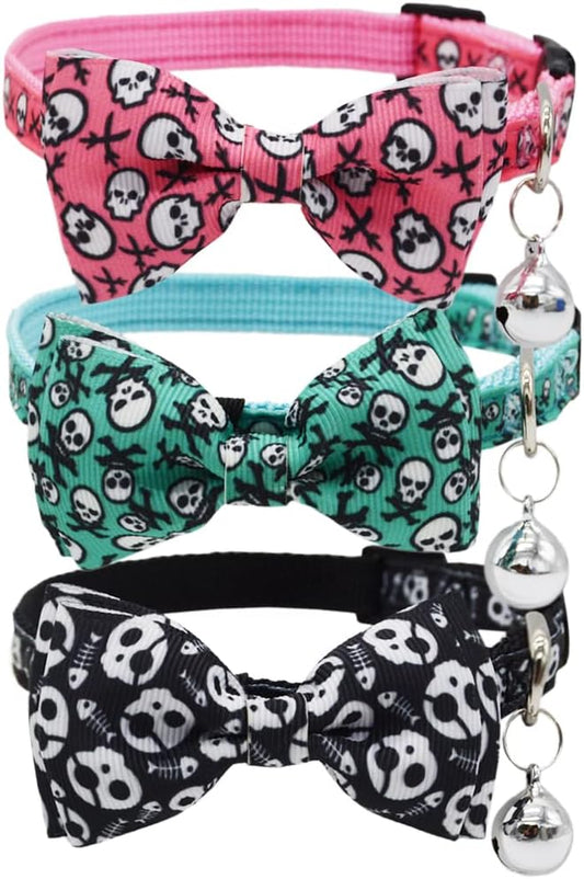 3 Pack Bowtie Skull Cat Collar Adjustable Quick Release Collar with Bell Black Pink and Green