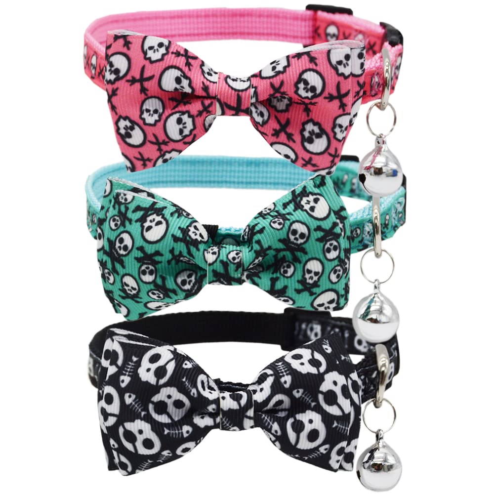 3 Pack Bowtie Skull Cat Collar Adjustable Quick Release Collar with Bell Black Pink and Green