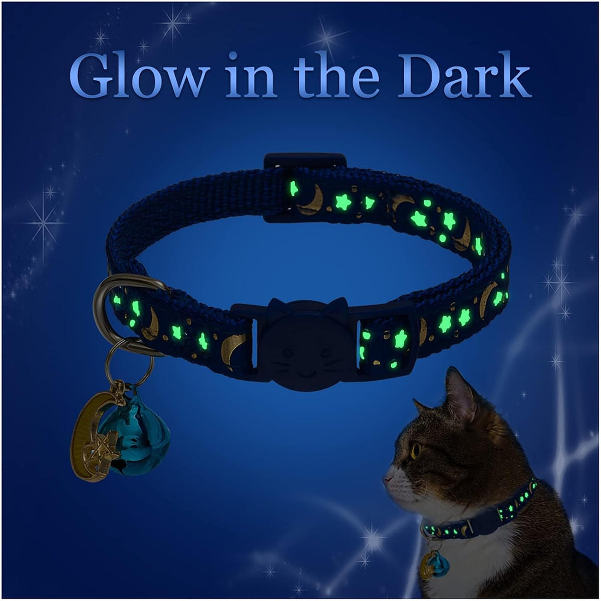 KOOLTAIL Glow in The Dark Cat Collar Breakaway with Bells,6 Pack Moonlight Cute Kitten Collars, Personalized Reflective Safety Buckle Stars&Moon Charm Pet Collars for Kitty Boys Girls, Pink Purple