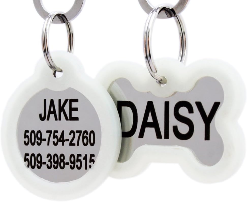 GoTags Personalized Dog Tags in Stainless Steel, Includes Glow in the Dark Tag Silencer to Reduce Noise and Protect Tag and Engraving, No Noise, Quiet Pet Tags, 2 Side Engraving, (Bone Shape)