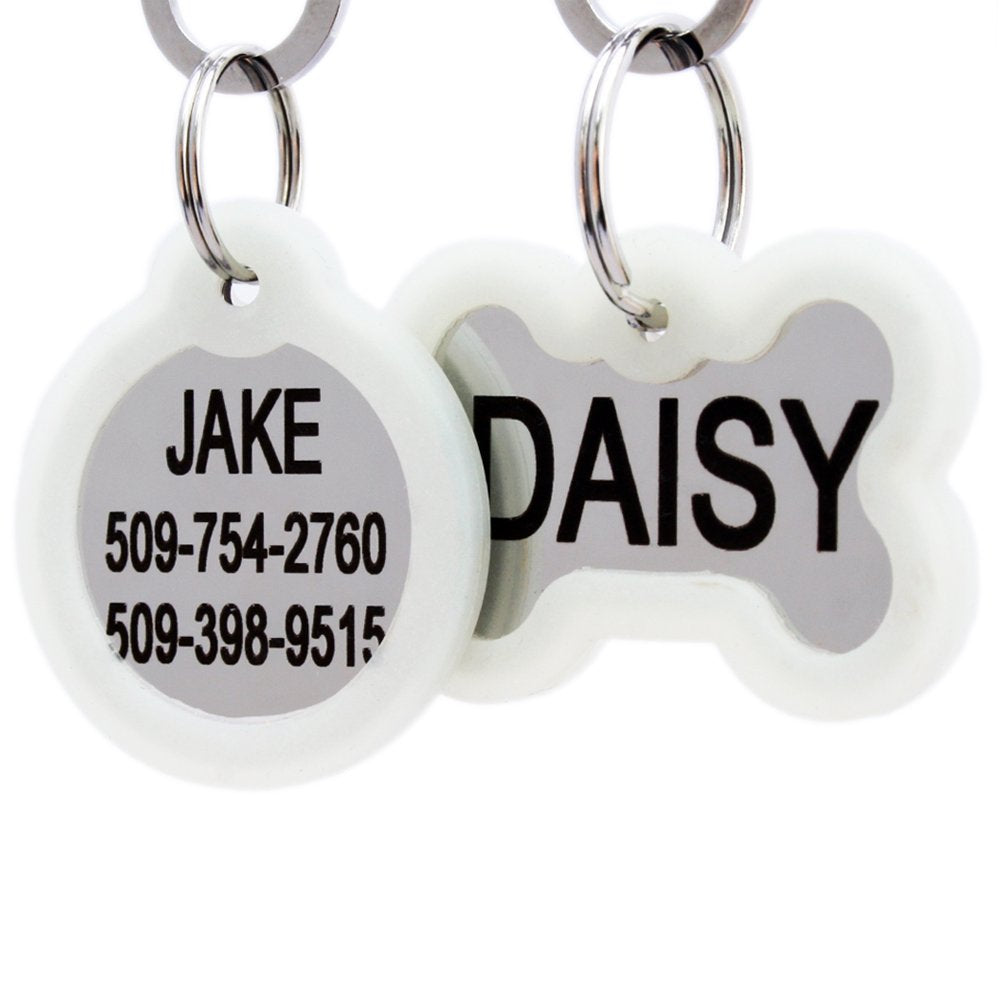 GoTags Personalized Dog Tags in Stainless Steel, Includes Glow in the Dark Tag Silencer to Reduce Noise and Protect Tag and Engraving, No Noise, Quiet Pet Tags, 2 Side Engraving, (Bone Shape)
