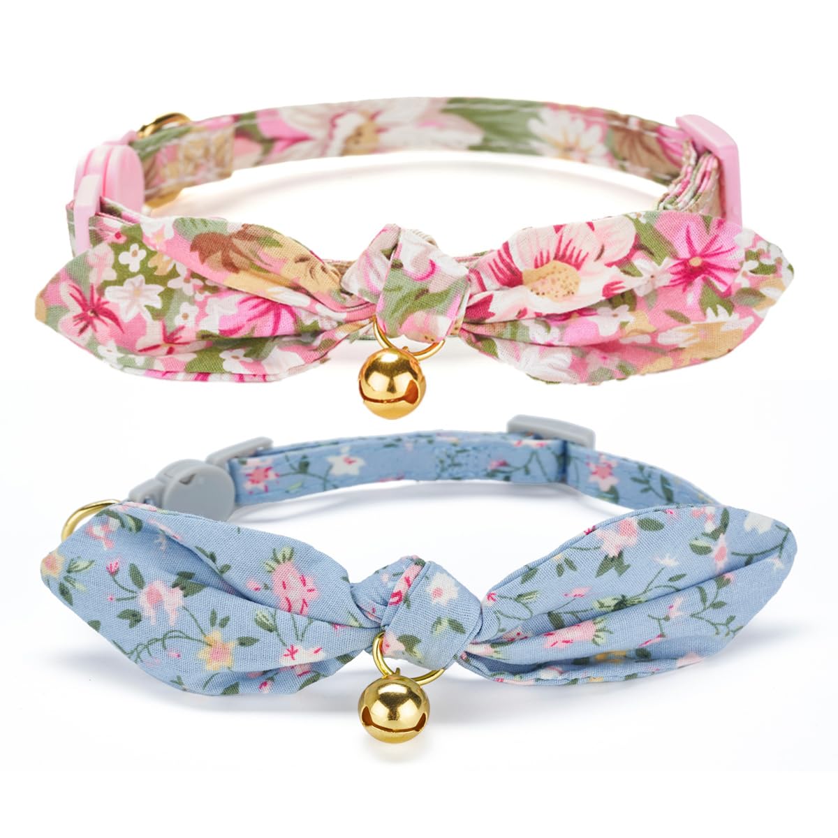 Bowtie Cat Collar with Bell, 2 Pack Cotton Breakaway Kitten Collars with Removeable Bow Stylish Cat Collars, Gradient Plaid & Polka Dot Blue