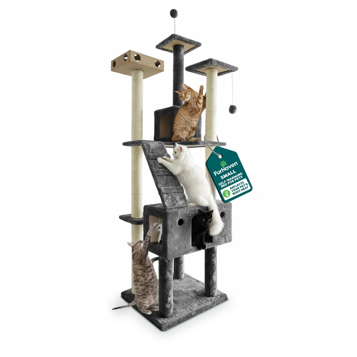 Furhaven 15.75" Tall Playground for Indoor Cats, Ft. Sisal Scratching Posts, Self-Grooming Brush, & Toy - Tiger Tough Hammock Interactive Playground - Silver, One Size