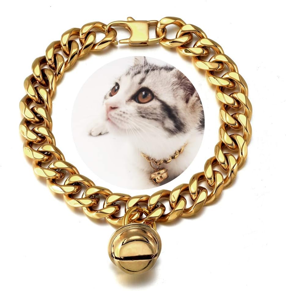 18K Gold Cat Dog Collar Kitten Puppy 1/2inch Wide Stainless Steel Kitten Choker Curb Chew Proof Cuban Link Chain with Gold Bell(Neck Fit 8"-10")