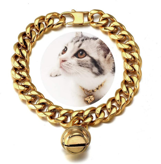 18K Gold Cat Dog Collar Kitten Puppy 1/2inch Wide Stainless Steel Kitten Choker Curb Chew Proof Cuban Link Chain with Gold Bell(Neck Fit 8"-10")