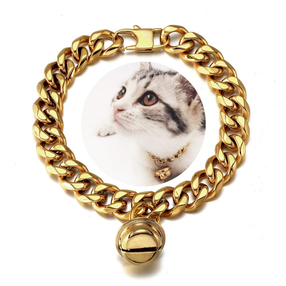 18K Gold Cat Dog Collar Kitten Puppy 1/2inch Wide Stainless Steel Kitten Choker Curb Chew Proof Cuban Link Chain with Gold Bell(Neck Fit 8"-10")