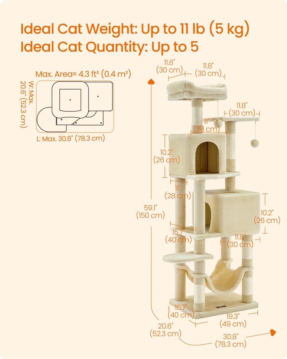 Feandrea Cat Tree, 59.5-Inch Tall Cat Tower, Multi-Level Condo, Beige