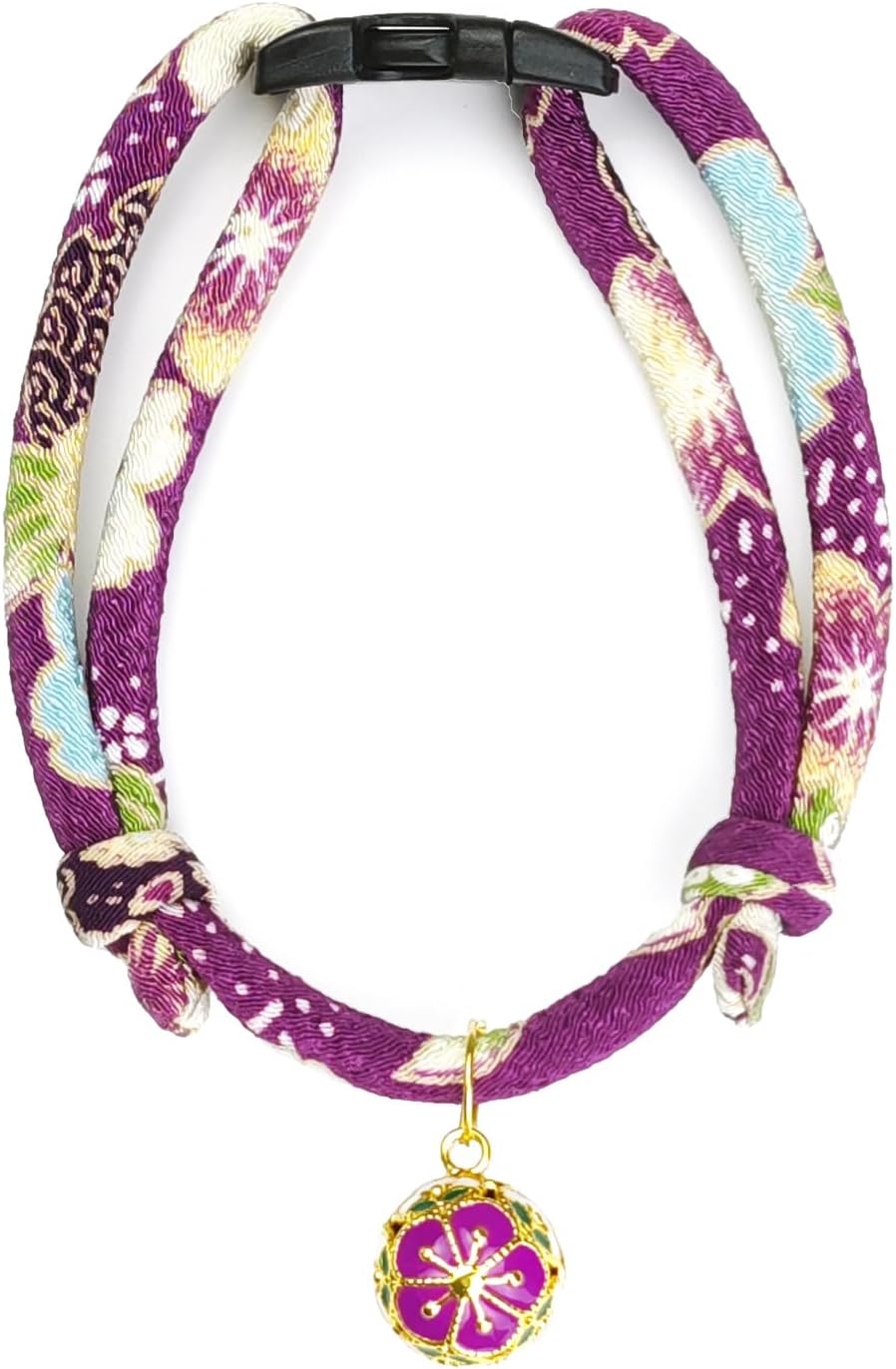 Breakaway Cat Collar. Japanese Plum Blossom Bell & Chic Kimono Design, Soft Adjustable Kitten Collar for Boys & Girls