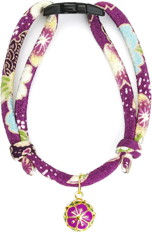 Breakaway Cat Collar. Japanese Plum Blossom Bell & Chic Kimono Design, Soft Adjustable Kitten Collar for Boys & Girls