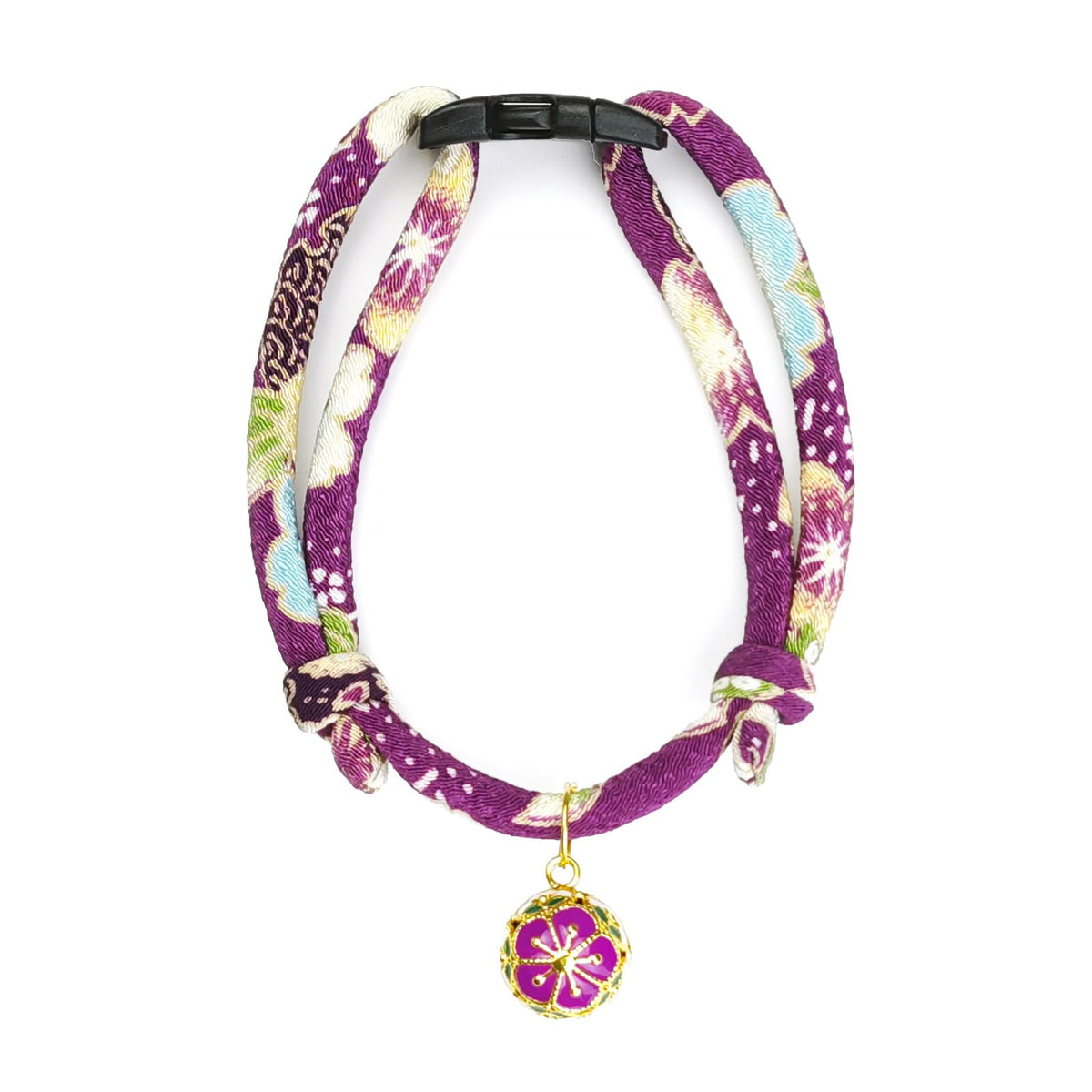 Breakaway Cat Collar. Japanese Plum Blossom Bell & Chic Kimono Design, Soft Adjustable Kitten Collar for Boys & Girls