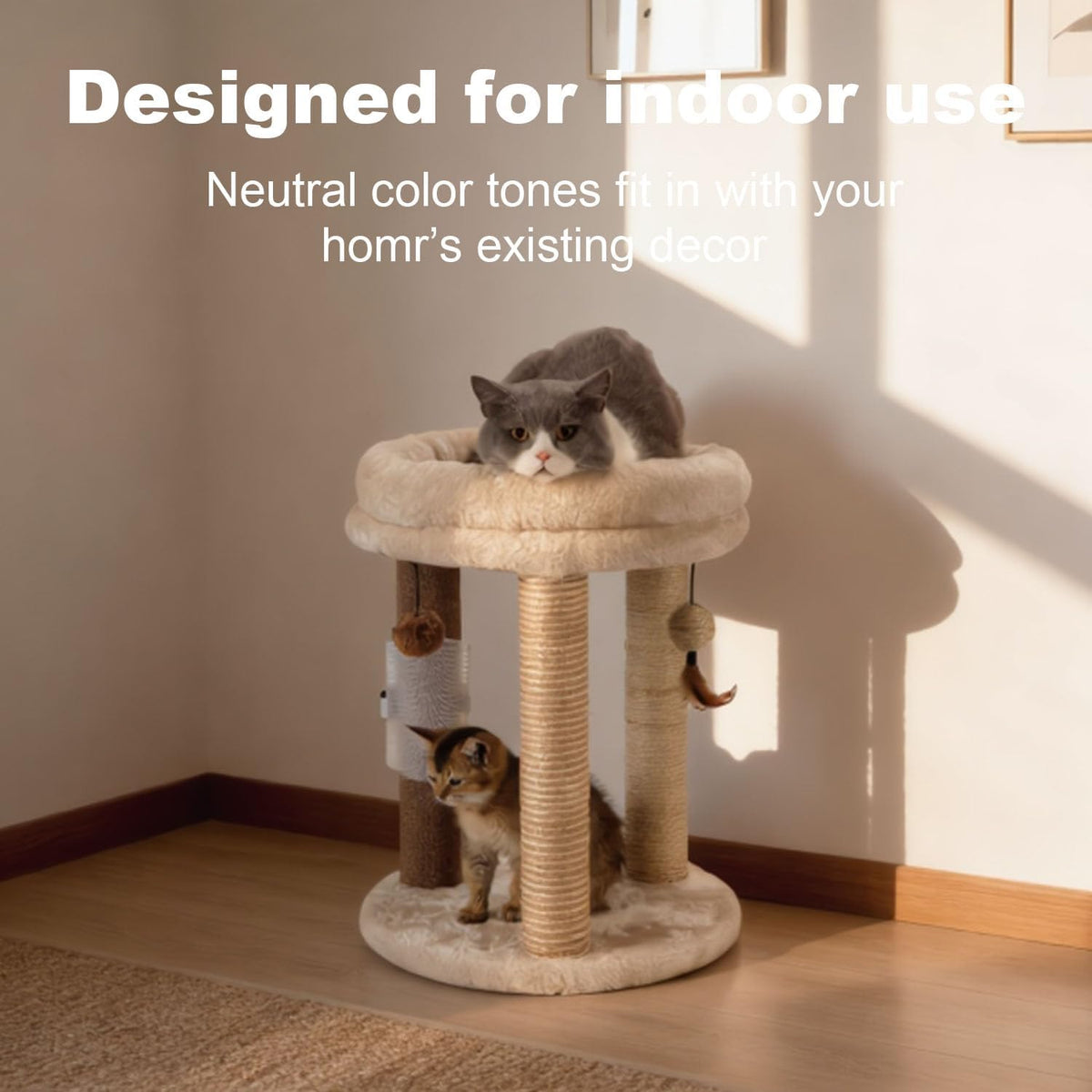 MECOOL 4in1 Small Cat Tree,Scratching Post with Tower Soft Bed, Sisal Carpet Jute Posts with Three Hanging Ball Toys and Massage Brush for Indoor Cats