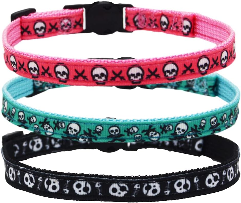 3 Pack Bowtie Skull Cat Collar Adjustable Quick Release Collar with Bell Black Pink and Green