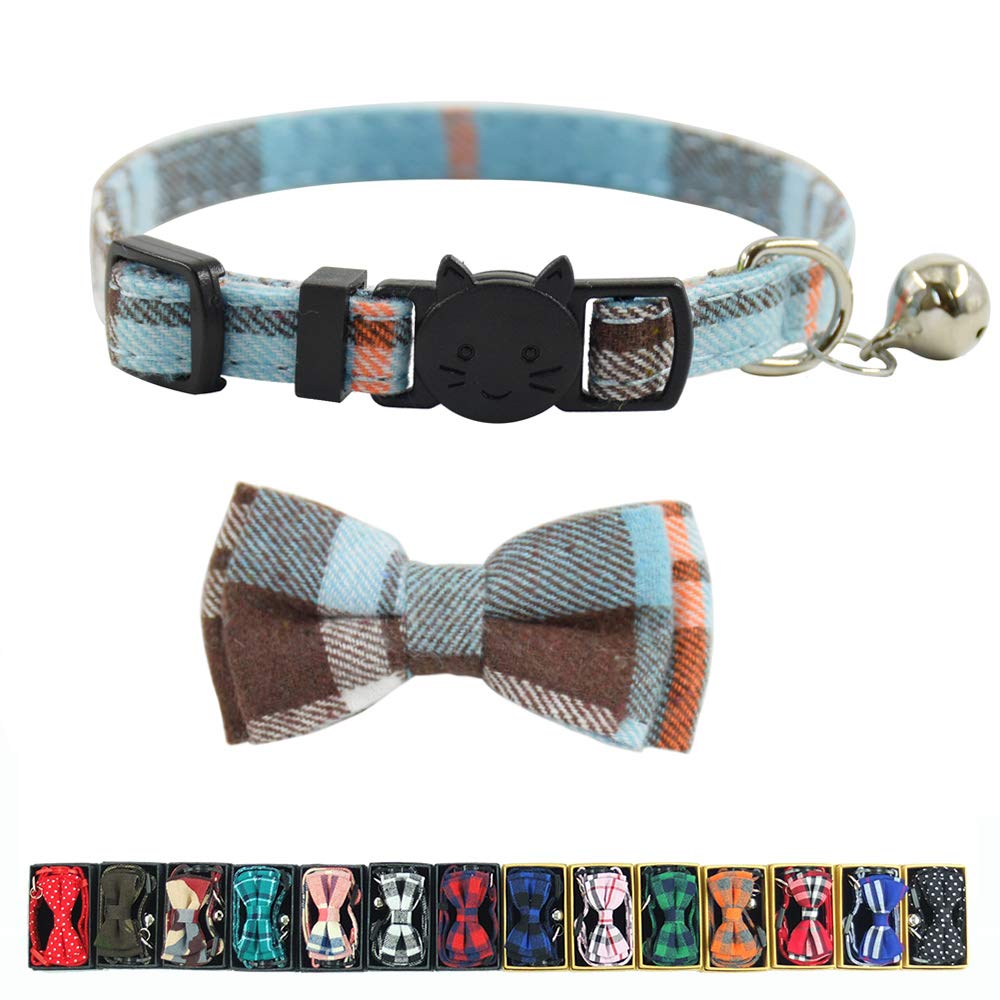 Cat Collar Breakaway with Bell and Bow Tie, Plaid Design Adjustable Safety Kitty Kitten Collars Set of 2 PCS (6.8-10.8in) (Green&Orange Plaid)