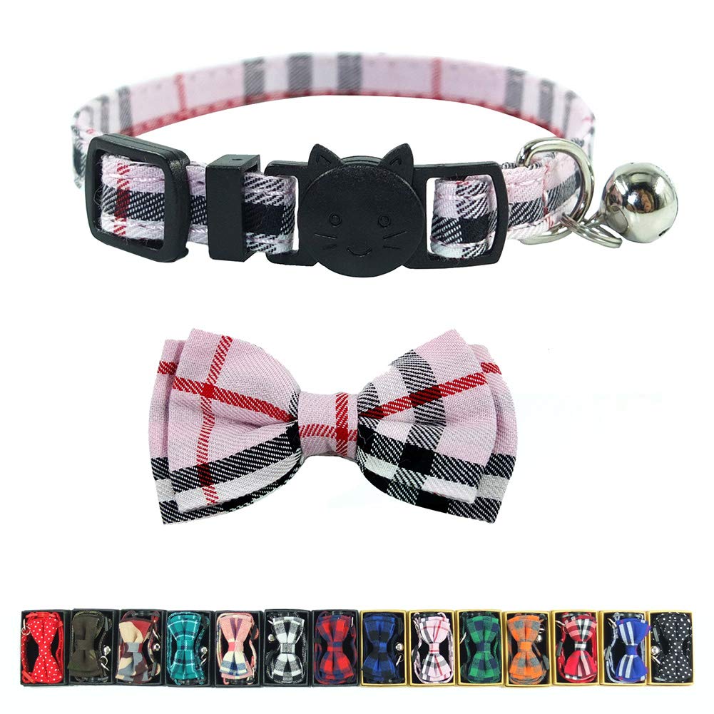 Cat Collar Breakaway with Bell and Bow Tie, Plaid Design Adjustable Safety Kitty Kitten Collars Set of 2 PCS (6.8-10.8in) (Green&Orange Plaid)