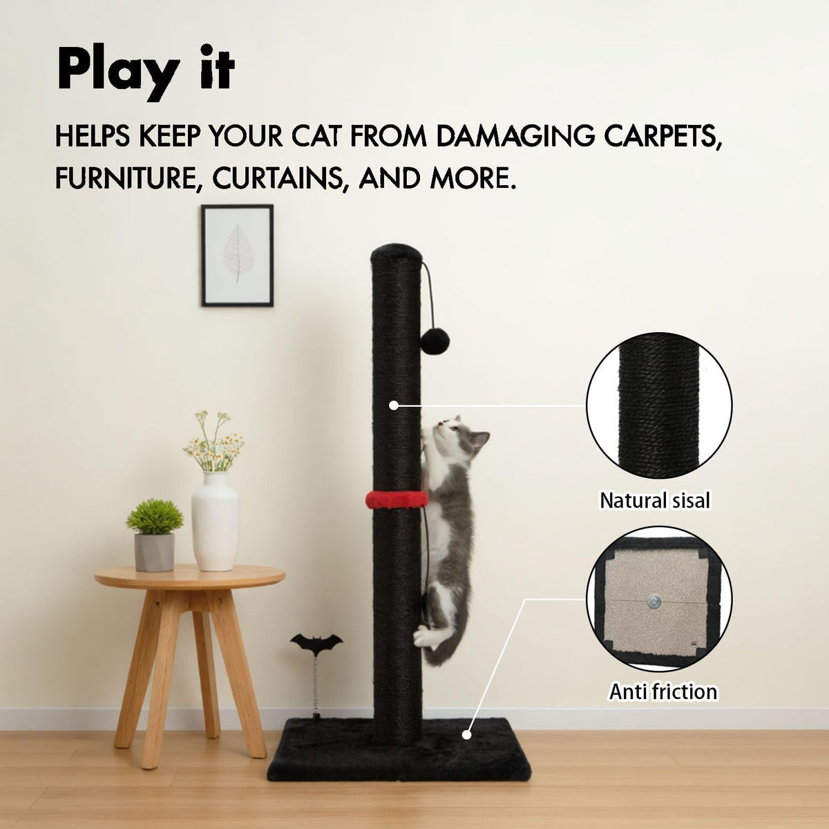 MECOOL Cat Scratching Post Premium Sisal Scratch Posts with Hanging Ball Vertical Scratcher for Indoor Cats and Kittens,Black