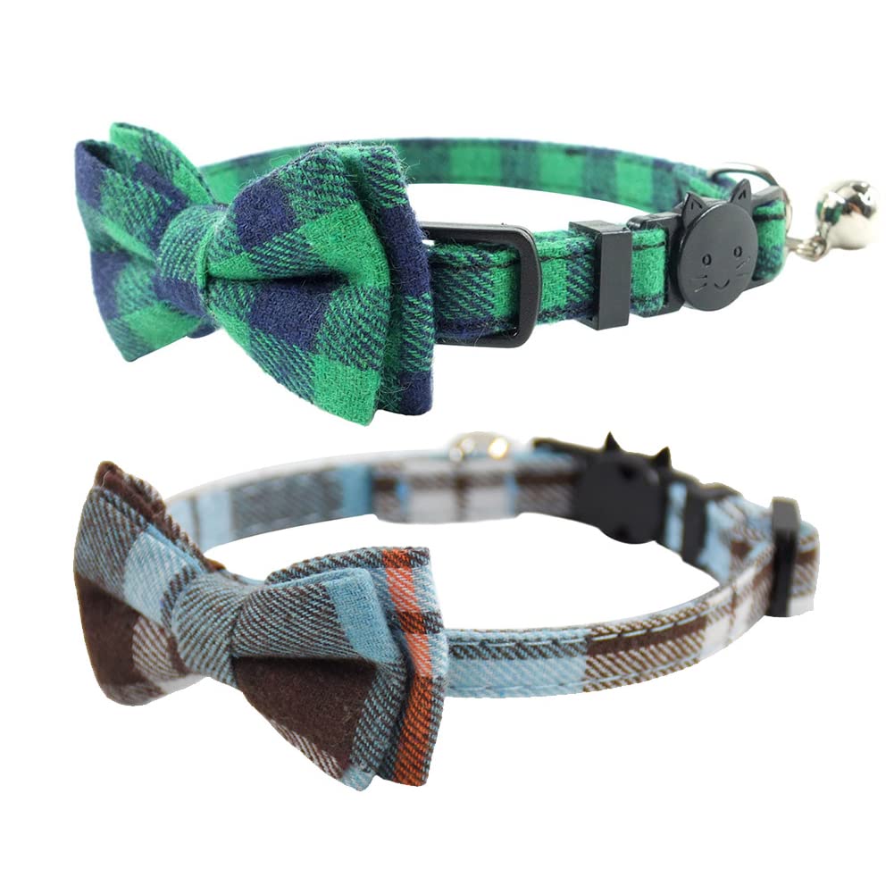 Cat Collar Breakaway with Bell and Bow Tie, Plaid Design Adjustable Safety Kitty Kitten Collars Set of 2 PCS (6.8-10.8in) (Green&Orange Plaid)