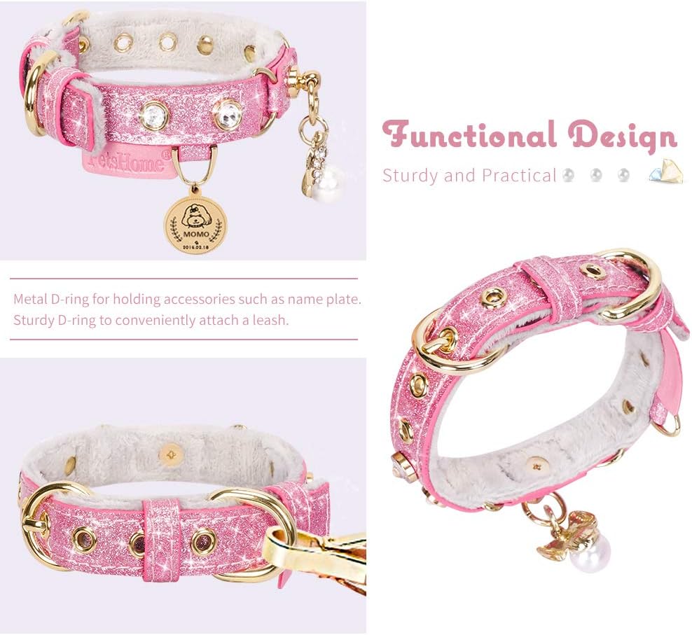 Cat Collar, Dog Collar, [Bling Rhinestones] PU Leather Adjustable Pet Collar with Luxury Pendant for Big Cat and Small to Medium Dog Small Pink
