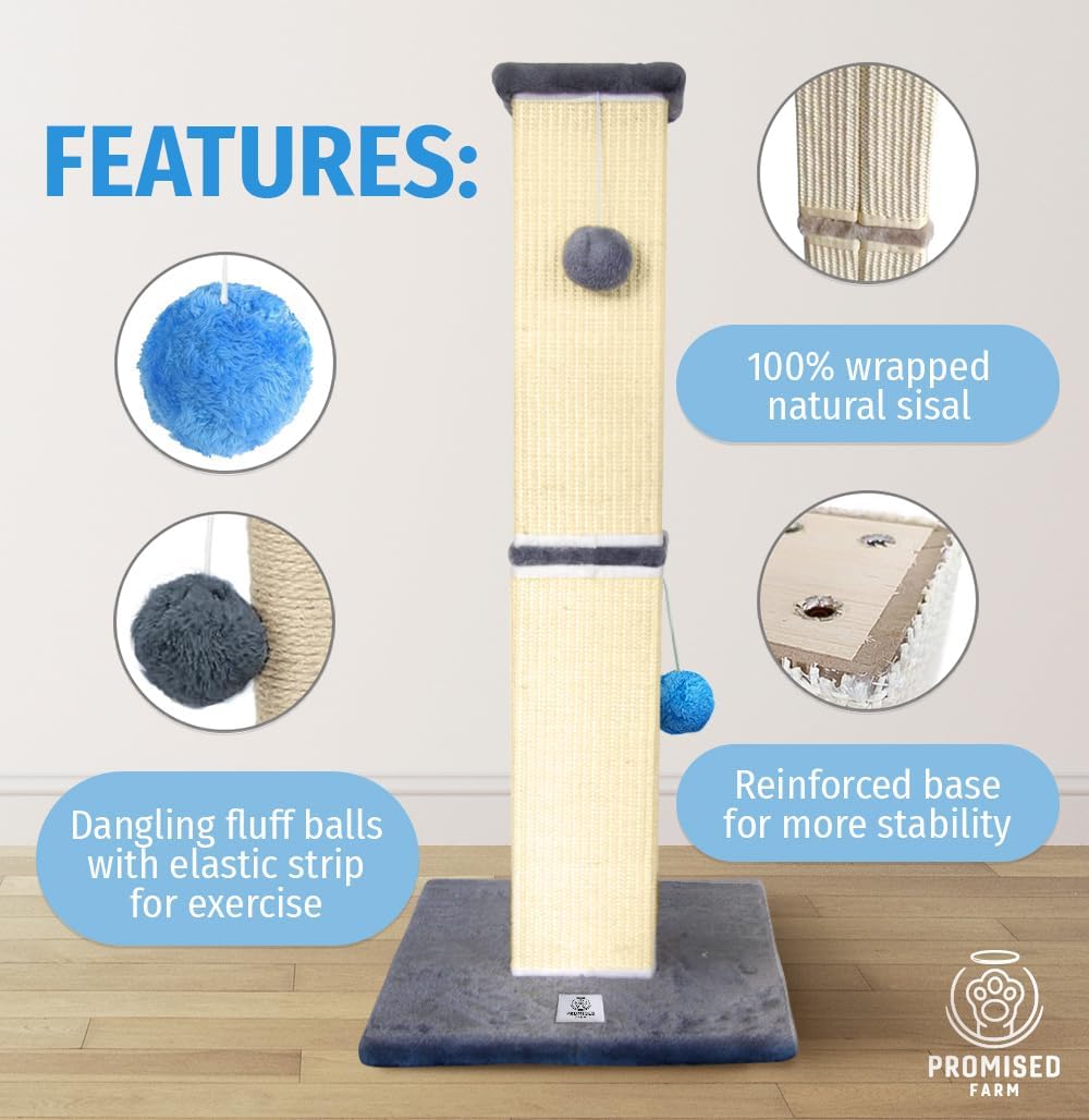 Tall Cat Scratching Post 32 Inches – Cat Scratcher for Indoor Cats Protect Furniture – Durable and Sturdy Design – Aesthetic Cat Accessories Essentials Grey/Blue