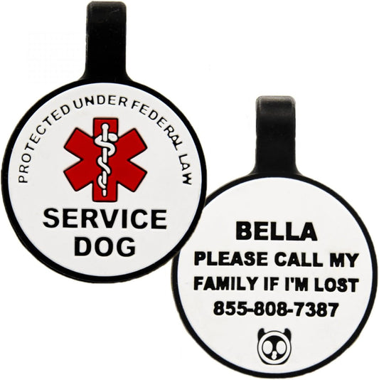 Silent Engraved Service Dog Personalized with 4 Lines of Custom Engraved ID Silent Silicone Pet Tag White