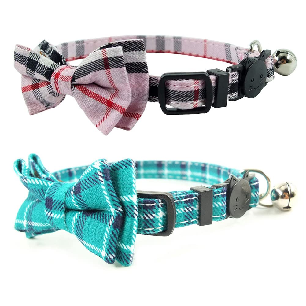 Cat Collar Breakaway with Bell and Bow Tie, Plaid Design Adjustable Safety Kitty Kitten Collars Set of 2 PCS (6.8-10.8in) (Green&Orange Plaid)
