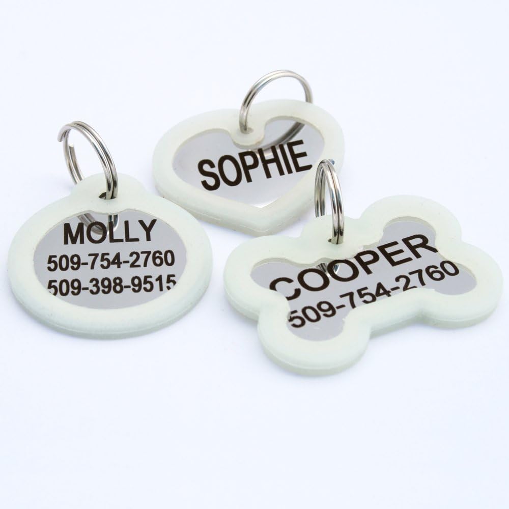 GoTags Personalized Dog Tags in Stainless Steel, Includes Glow in the Dark Tag Silencer to Reduce Noise and Protect Tag and Engraving, No Noise, Quiet Pet Tags, 2 Side Engraving, (Bone Shape)