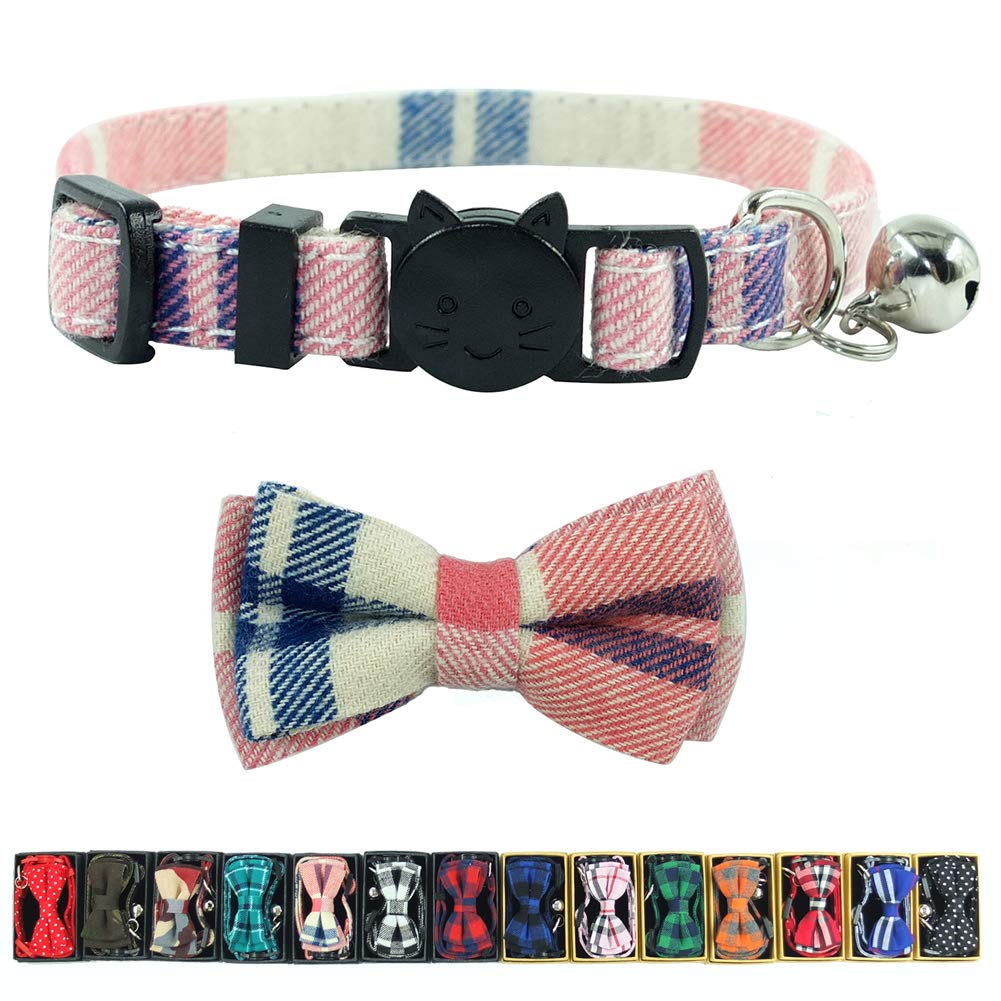 Cat Collar Breakaway with Bell and Bow Tie, Plaid Design Adjustable Safety Kitty Kitten Collars Set of 2 PCS (6.8-10.8in) (Green&Orange Plaid)