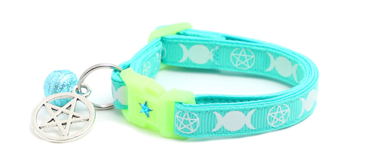 Wicca Cat Collar with Occult Charm & Bell | Witch's Familiar Cat Collar | Witch Kitten Collar Charms | Glow in The Dark | Safety Breakaway Collar (Small, Black)