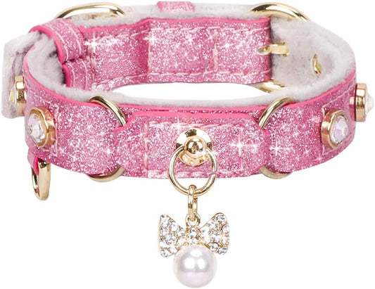 Cat Collar, Dog Collar, [Bling Rhinestones] PU Leather Adjustable Pet Collar with Luxury Pendant for Big Cat and Small to Medium Dog Small Pink