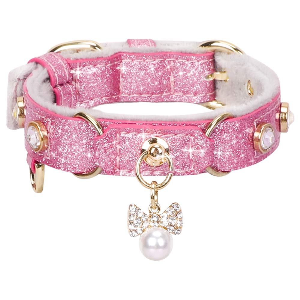 Cat Collar, Dog Collar, [Bling Rhinestones] PU Leather Adjustable Pet Collar with Luxury Pendant for Big Cat and Small to Medium Dog Small Pink