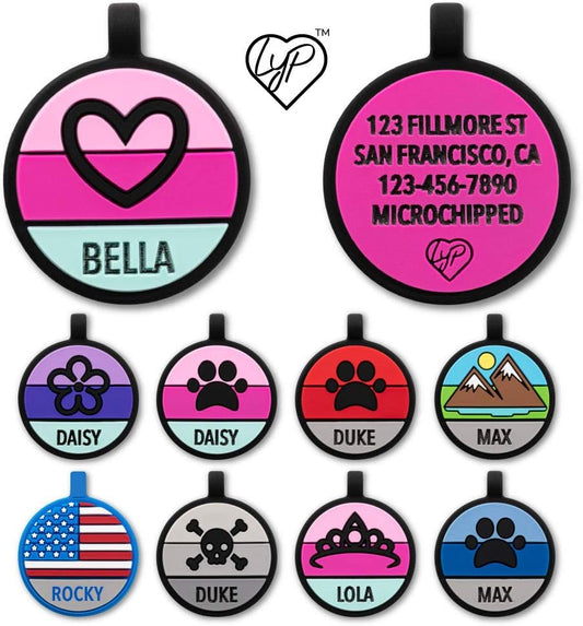 LYP Original Soundless Pet ID Tags | Custom Dog Tags Personalized for Pets | Durable Silicone Deep Engraved Dog Tag | No More Jingling | Pink Heart
