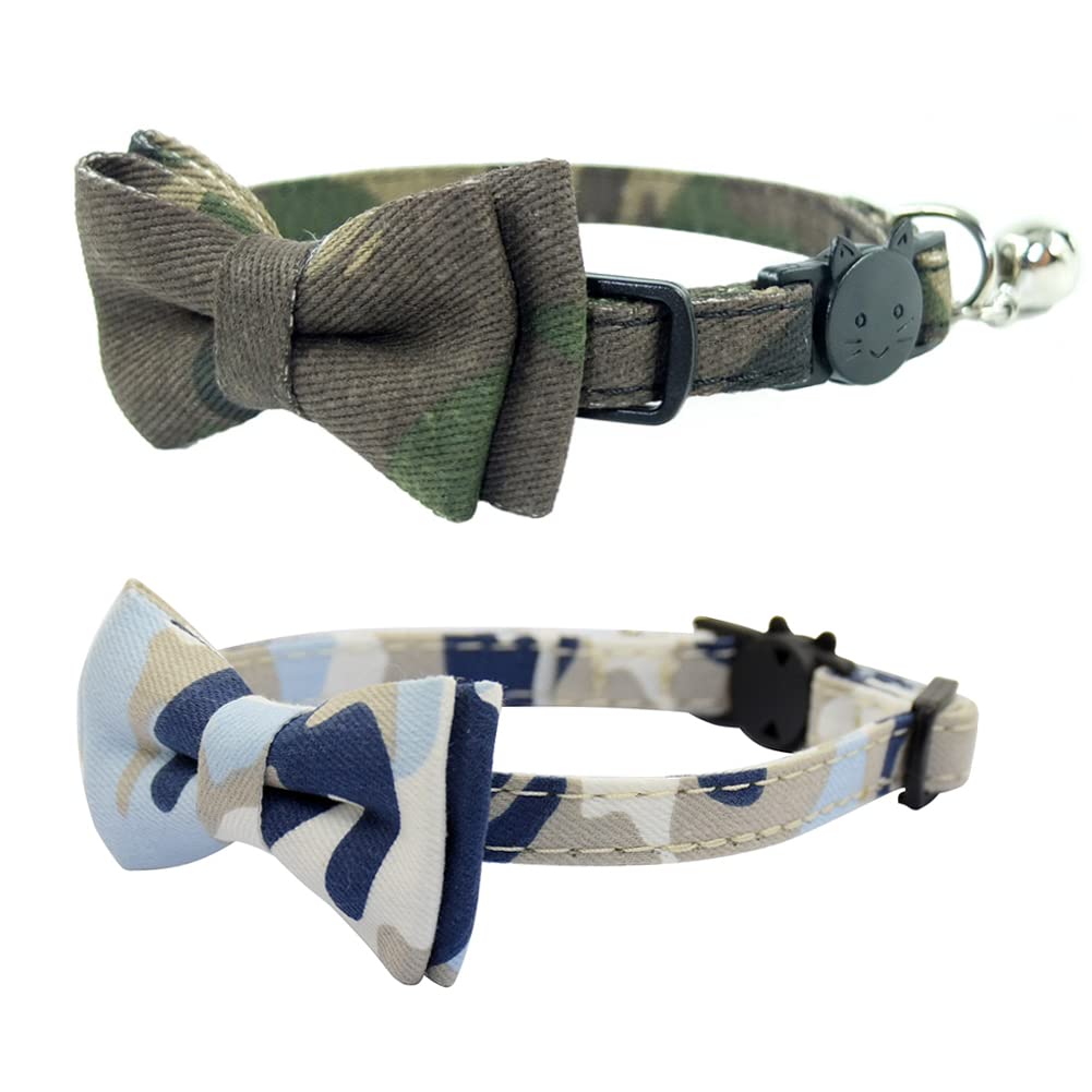 Cat Collar Breakaway with Bell and Bow Tie, Plaid Design Adjustable Safety Kitty Kitten Collars Set of 2 PCS (6.8-10.8in) (Green&Orange Plaid)