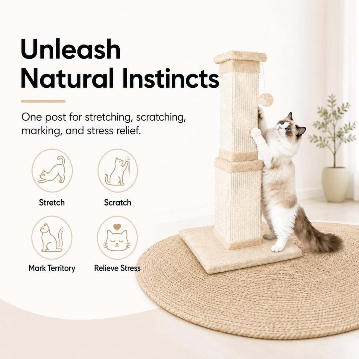 Cat Scratching Post for Indoor Cats, 32Inch Sisal Cat Scratcher, Beige