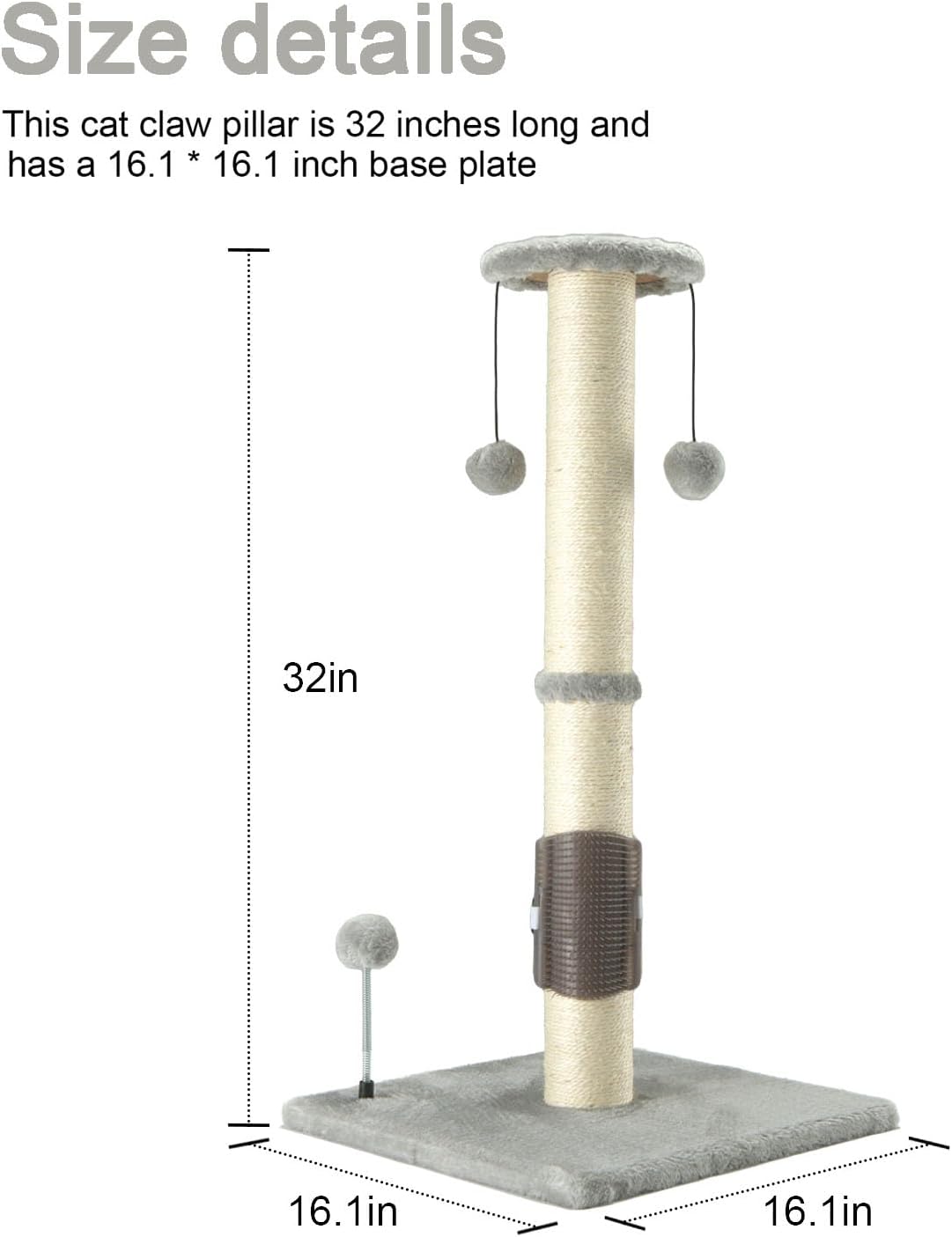 PEEKAB 32" Tall Cat Scratching Post Sisal Scratch Posts with Hanging Ball and Self-Massage Brush Vertical Scratcher for Indoor Cats and Kittens Light-Gray 32inches