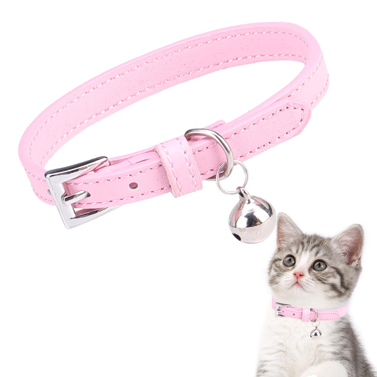 PUPTECK 2 PCS Soft Genuine Leather Cat Kitten Collar with Bells Adjustable for Girl Boy Cats Puppy - Yellow, Teal