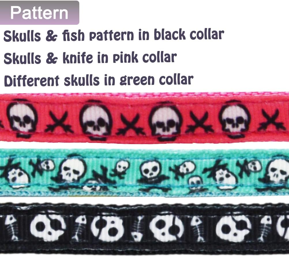 3 Pack Bowtie Skull Cat Collar Adjustable Quick Release Collar with Bell Black Pink and Green